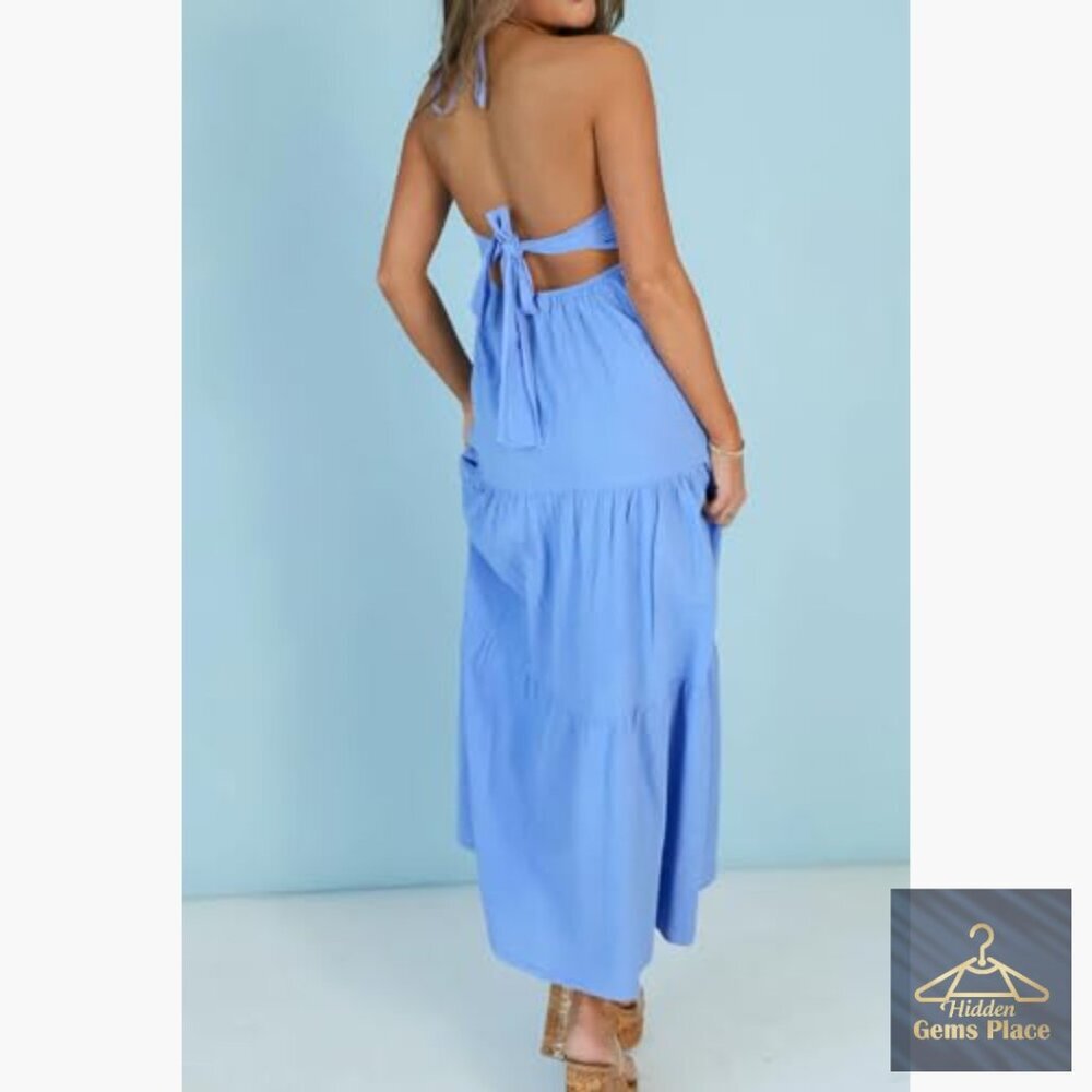 Cotton Maxi Dress with Pockets, Halter Neck, Backless, High Waist - Picture 2 of 5